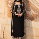 Meher â?? Black organza shirt with floral embroidery, hand embellishments, and a silk dupatta
