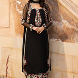 Meher â?? Black organza shirt with floral embroidery, hand embellishments, and a silk dupatta