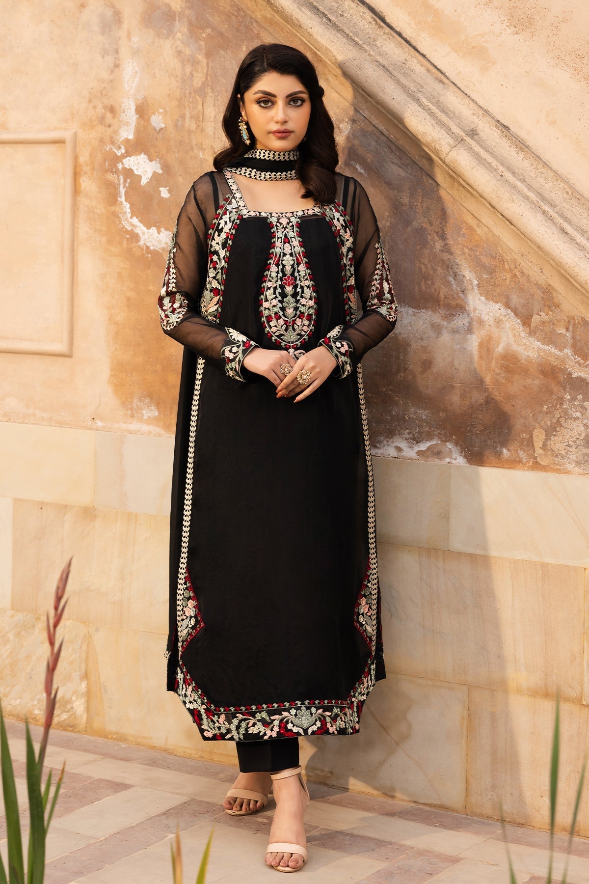 Meher â?? Black organza shirt with floral embroidery, hand embellishments, and a silk dupatta