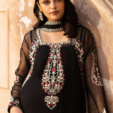 Meher â?? Black organza shirt with floral embroidery, hand embellishments, and a silk dupatta