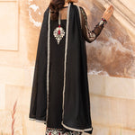 Meher â?? Black organza shirt with floral embroidery, hand embellishments, and a silk dupatta