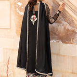 Meher â?? Black organza shirt with floral embroidery, hand embellishments, and a silk dupatta