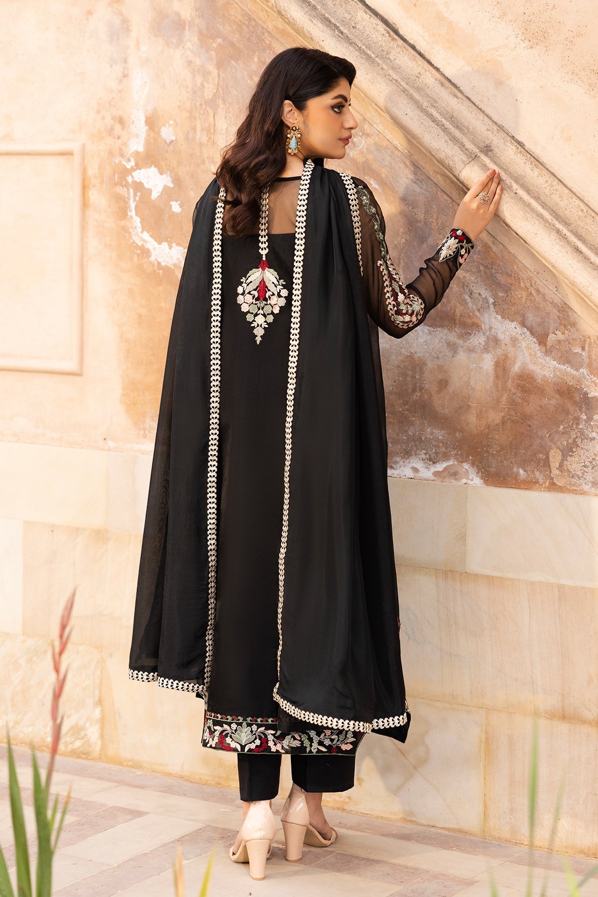 Meher â?? Black organza shirt with floral embroidery, hand embellishments, and a silk dupatta