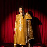 Olive green raw silk outfit with hand-done zardosi, Swarovski embellishments, and an embroidered organza dupatta.