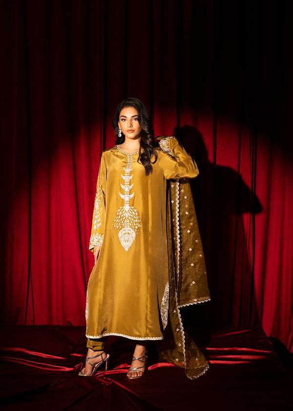 Olive green raw silk outfit with hand-done zardosi, Swarovski embellishments, and an embroidered organza dupatta.