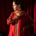 Red raw silk ensemble with zardosi, dabka, cut dana & organza dupatta