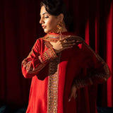Red raw silk ensemble with zardosi, dabka, cut dana & organza dupatta