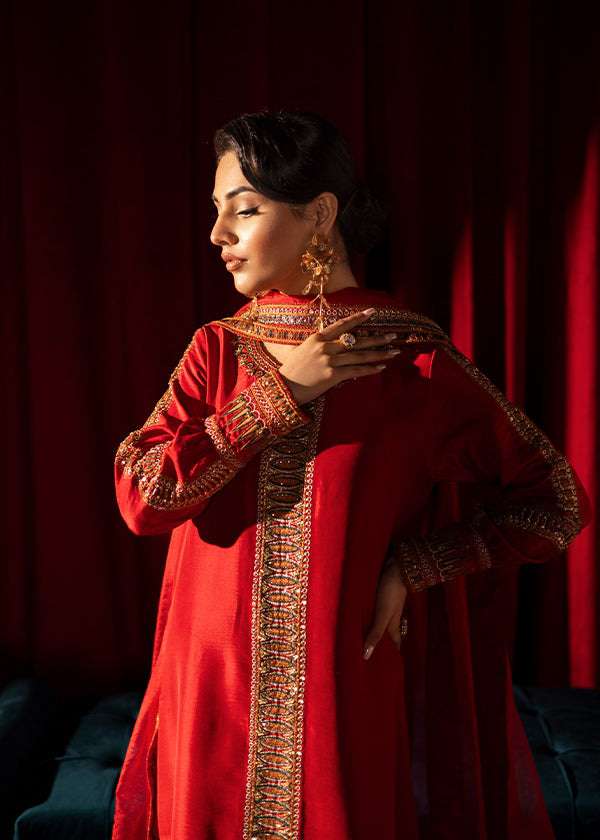 Red raw silk ensemble with zardosi, dabka, cut dana & organza dupatta
