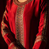 Red raw silk ensemble with zardosi, dabka, cut dana & organza dupatta