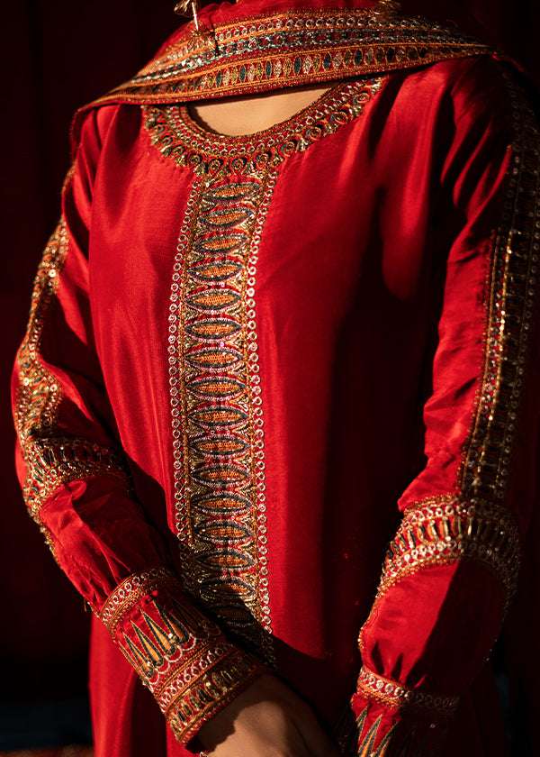 Red raw silk ensemble with zardosi, dabka, cut dana & organza dupatta