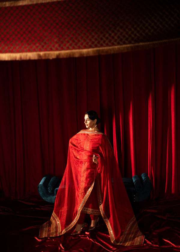 Red raw silk ensemble with zardosi, dabka, cut dana & organza dupatta