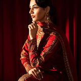 Red raw silk ensemble with zardosi, dabka, cut dana & organza dupatta