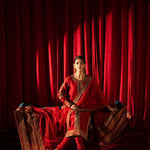 Red raw silk ensemble with zardosi, dabka, cut dana & organza dupatta
