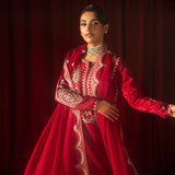 Buy Pink-Mavis raw silk kalidar dress online, featuring hand-embellished red & silver crystals, dabka work, scalloped hemline, embroidered chiffon dupatta, and tailored cigarette pants.