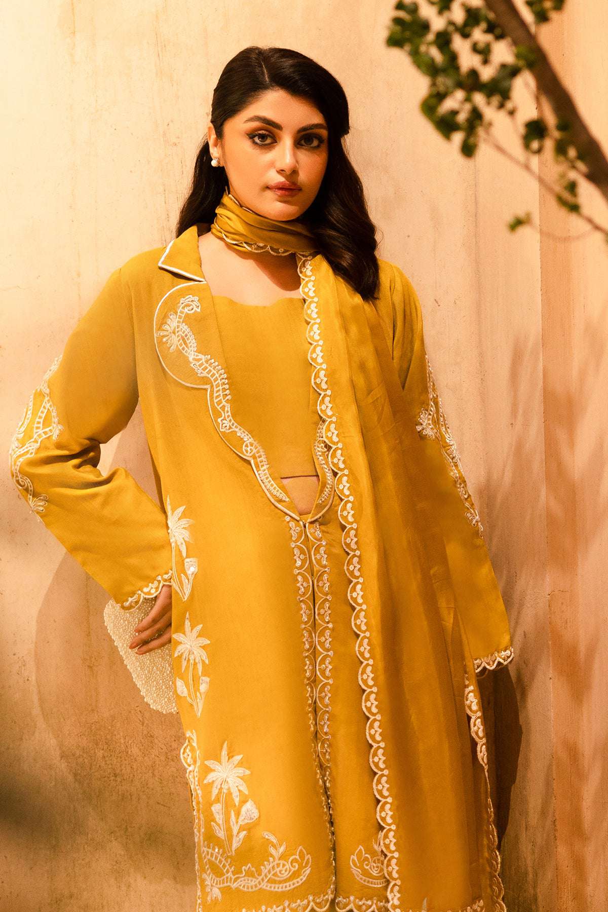 Nayra deep lime yellow stitched raw silk outfit with embroidery and embellishments