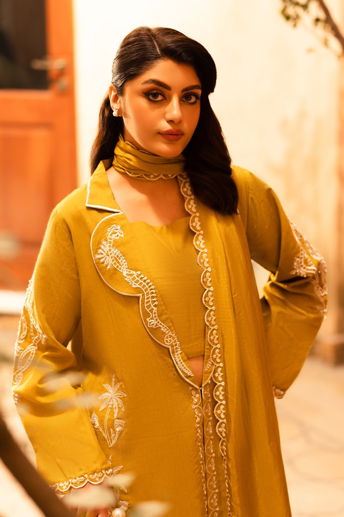 Nayra deep lime yellow stitched raw silk outfit with embroidery and embellishments