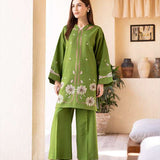 Green embroidered 2-piece suit with keyhole neckline and floral details