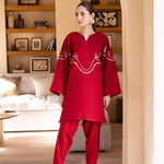 Buy Bon Cherri cherry red embroidered tunic set online â?? a playful yet elegant ensemble featuring whimsical white embroidery, a sleek skinny shalwar, and a feminine silhouette.