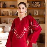 Buy Bon Cherri cherry red embroidered tunic set online â?? a playful yet elegant ensemble featuring whimsical white embroidery, a sleek skinny shalwar, and a feminine silhouette.