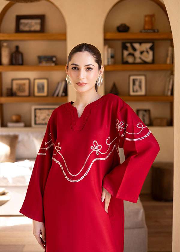 Buy Bon Cherri cherry red embroidered tunic set online â?? a playful yet elegant ensemble featuring whimsical white embroidery, a sleek skinny shalwar, and a feminine silhouette.