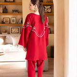 Buy Bon Cherri cherry red embroidered tunic set online â?? a playful yet elegant ensemble featuring whimsical white embroidery, a sleek skinny shalwar, and a feminine silhouette.