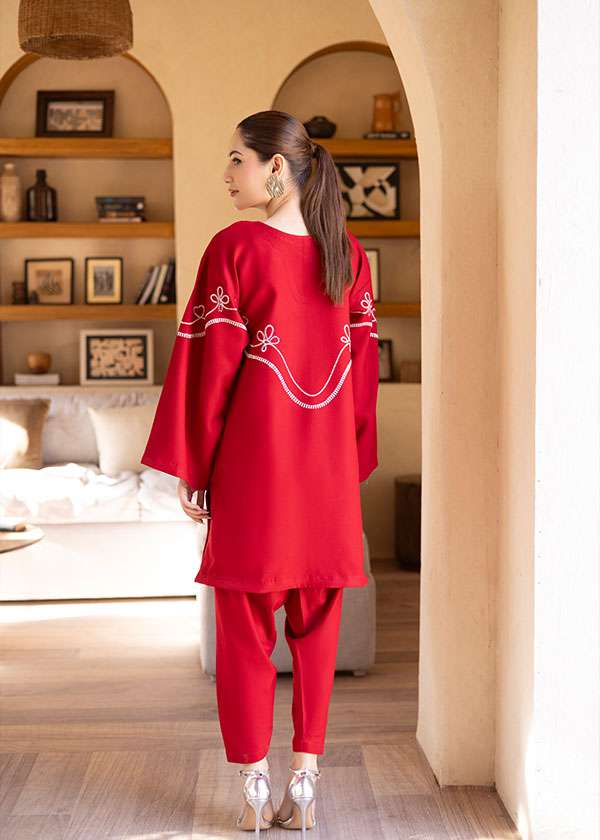 Buy Bon Cherri cherry red embroidered tunic set online â?? a playful yet elegant ensemble featuring whimsical white embroidery, a sleek skinny shalwar, and a feminine silhouette.