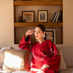 Buy Bon Cherri cherry red embroidered tunic set online â?? a playful yet elegant ensemble featuring whimsical white embroidery, a sleek skinny shalwar, and a feminine silhouette.