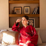 Buy Bon Cherri cherry red embroidered tunic set online â?? a playful yet elegant ensemble featuring whimsical white embroidery, a sleek skinny shalwar, and a feminine silhouette.