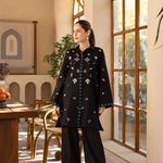 Buy a Noire black embroidered outfit online featuring a sleek collared neckline, intricate turquoise embroidery, and tailored straight pants for a refined look.
