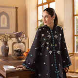 Buy a Noire black embroidered outfit online featuring a sleek collared neckline, intricate turquoise embroidery, and tailored straight pants for a refined look.