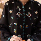 Buy a Noire black embroidered outfit online featuring a sleek collared neckline, intricate turquoise embroidery, and tailored straight pants for a refined look.