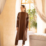 Buy a brown embroidered outfit online featuring a band collar, pleated front, baggy sleeves, and straight pants for an elegant, modern look.