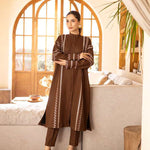 Buy a brown embroidered outfit online featuring a band collar, pleated front, baggy sleeves, and straight pants for an elegant, modern look.