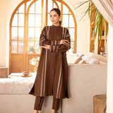 Buy a brown embroidered outfit online featuring a band collar, pleated front, baggy sleeves, and straight pants for an elegant, modern look.