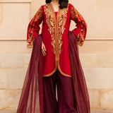 Aabroo embroidered raw silk party wear dress with organza dupatta.

