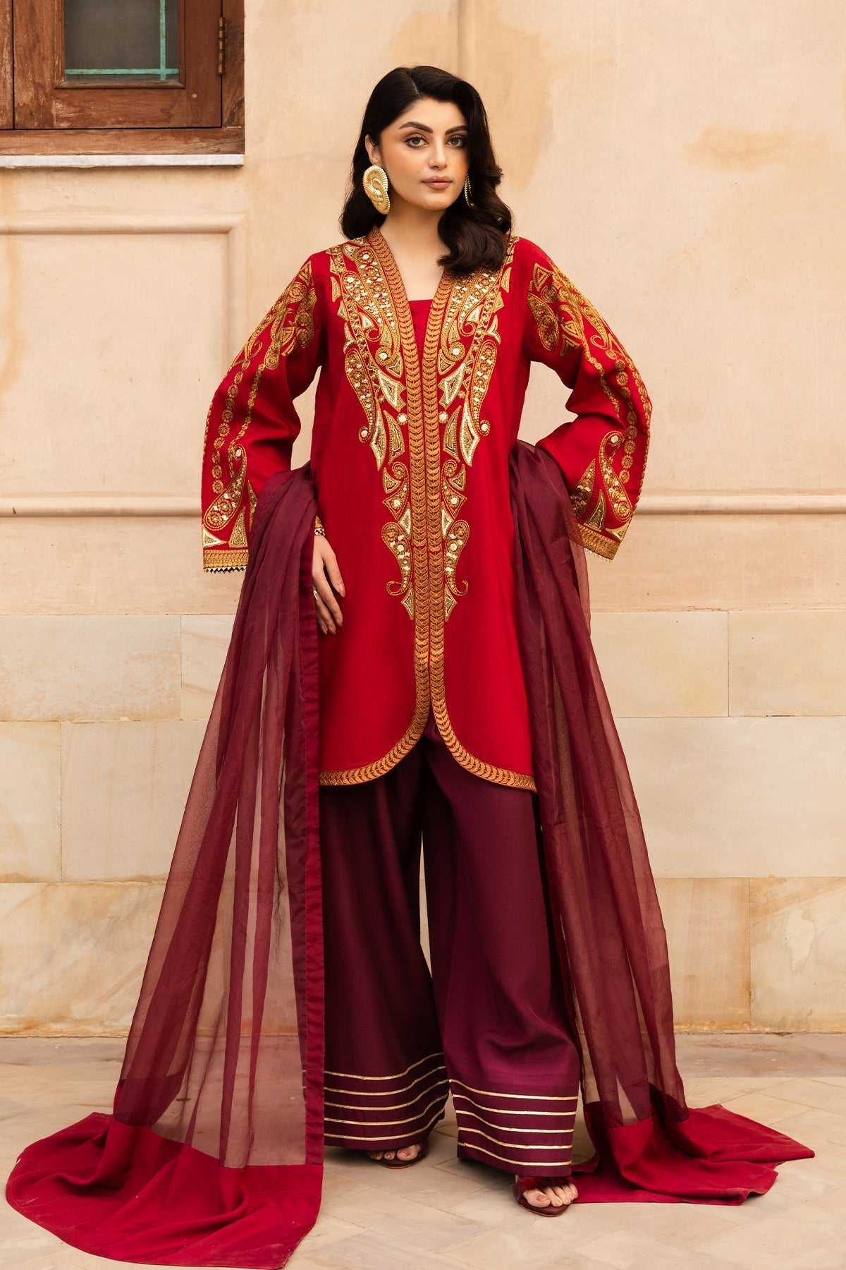 Aabroo embroidered raw silk party wear dress with organza dupatta.

