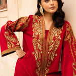 Aabroo embroidered raw silk party wear dress with organza dupatta.

