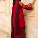 Aabroo embroidered raw silk party wear dress with organza dupatta.

