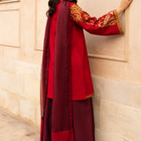 Aabroo embroidered raw silk party wear dress with organza dupatta.

