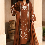 Zarrah - Chocolate brown raw silk outfit with off-white embroidery and embellishments.