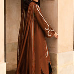 Zarrah - Chocolate brown raw silk outfit with off-white embroidery and embellishments.