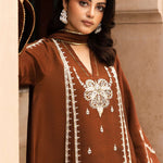 Zarrah - Chocolate brown raw silk outfit with off-white embroidery and embellishments.