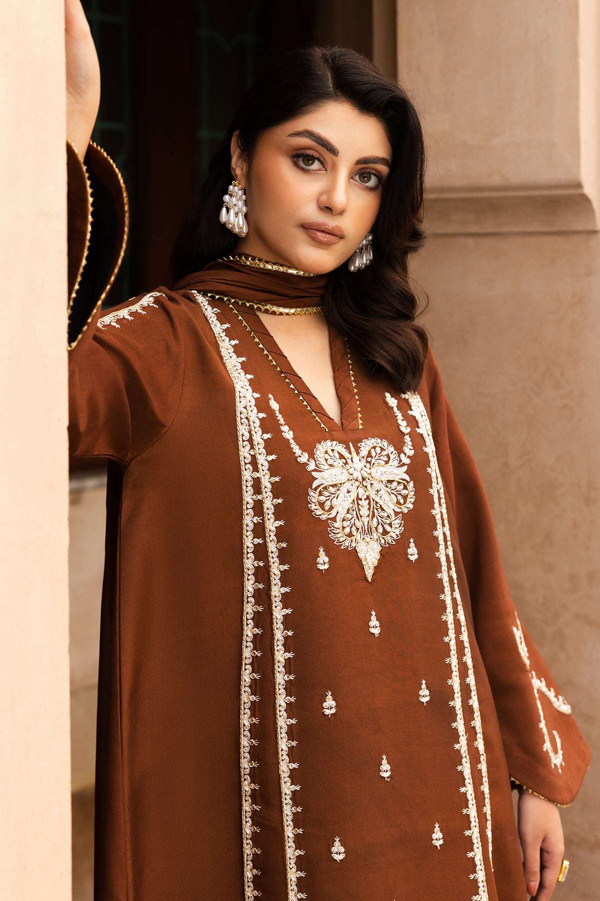 Zarrah - Chocolate brown raw silk outfit with off-white embroidery and embellishments.