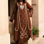 Zarrah - Chocolate brown raw silk outfit with off-white embroidery and embellishments.