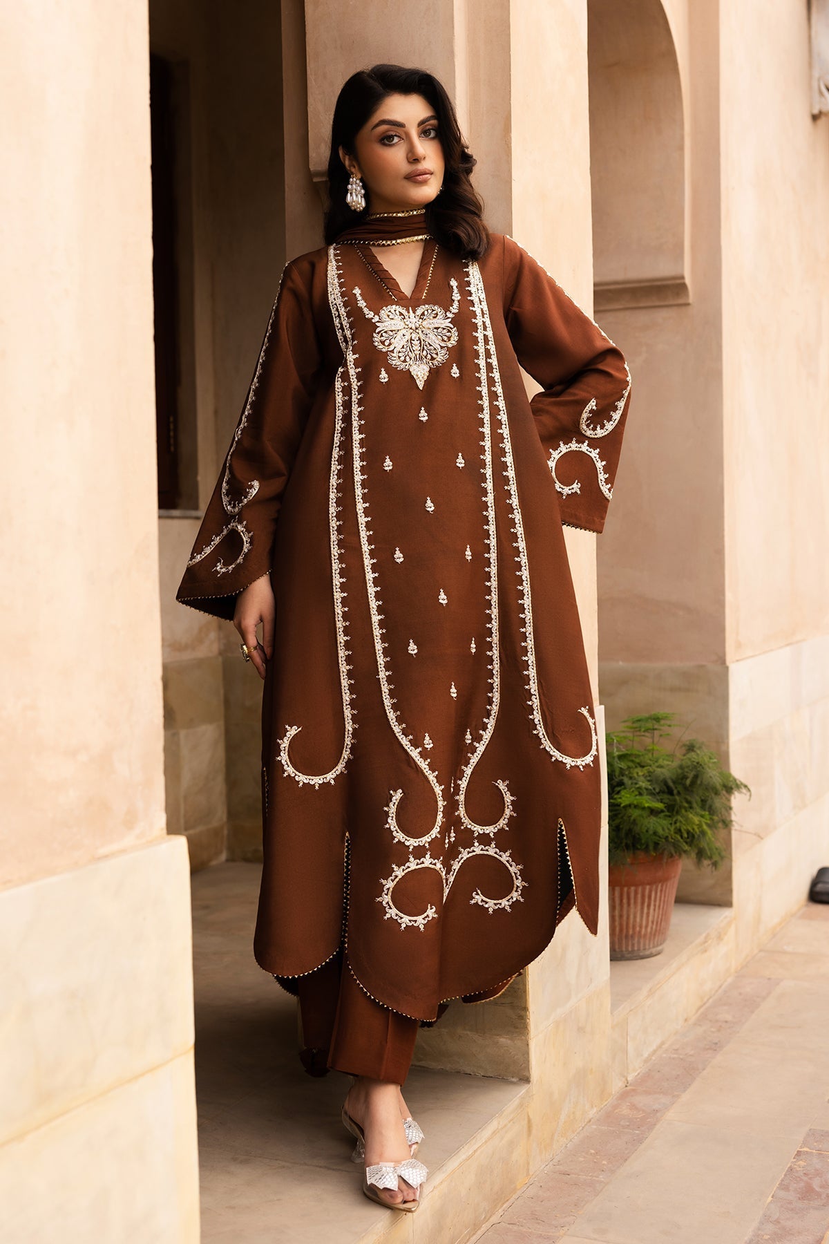 Zarrah - Chocolate brown raw silk outfit with off-white embroidery and embellishments.