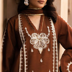 Zarrah - Chocolate brown raw silk outfit with off-white embroidery and embellishments.