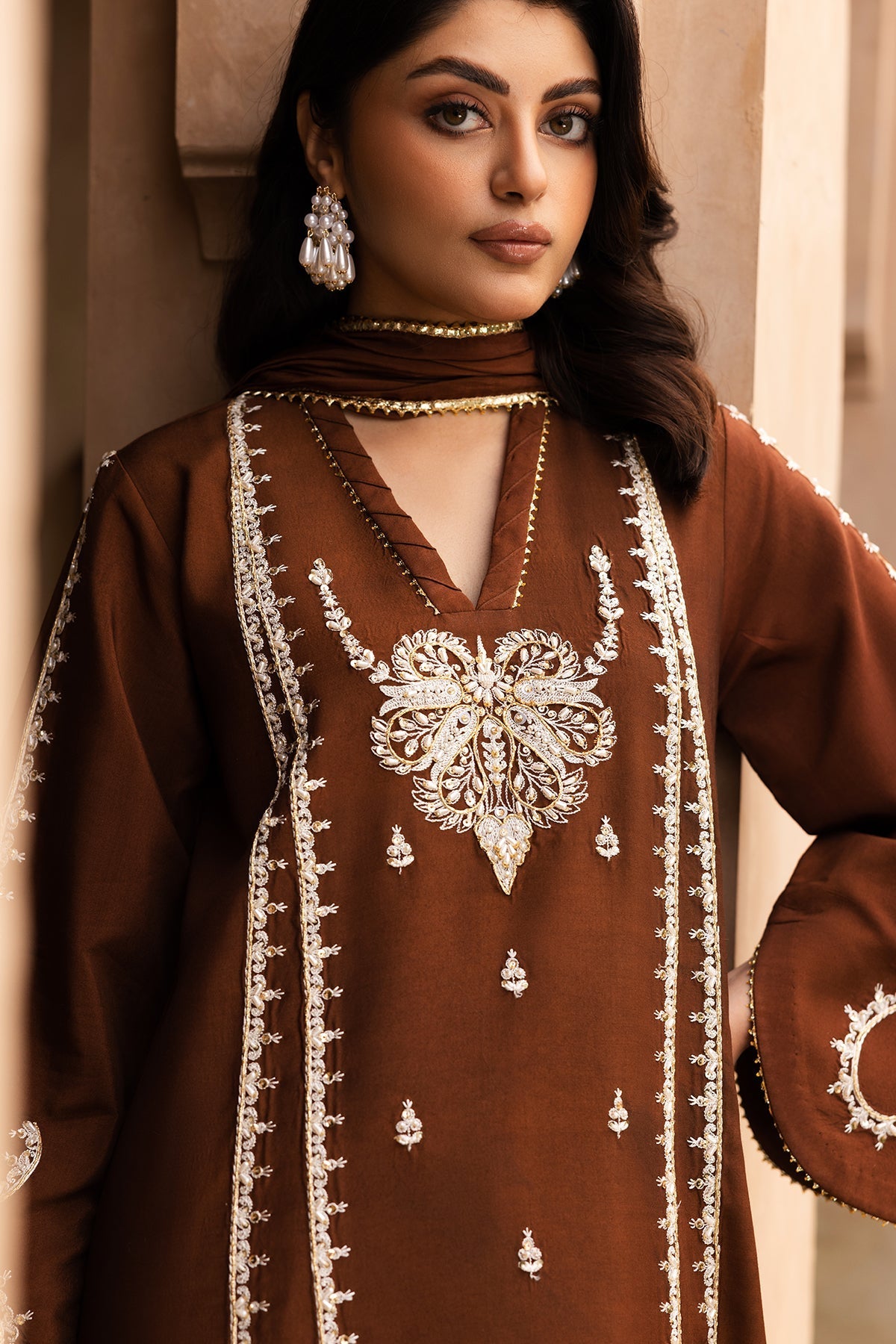 Zarrah - Chocolate brown raw silk outfit with off-white embroidery and embellishments.