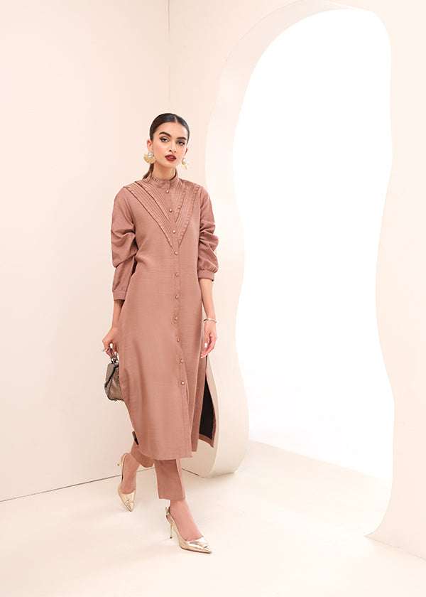 Buy a Smoky Quartz raw silk outfit online featuring pintucks, frill details, and a button-down frontâ??perfect for an elegant statement look.