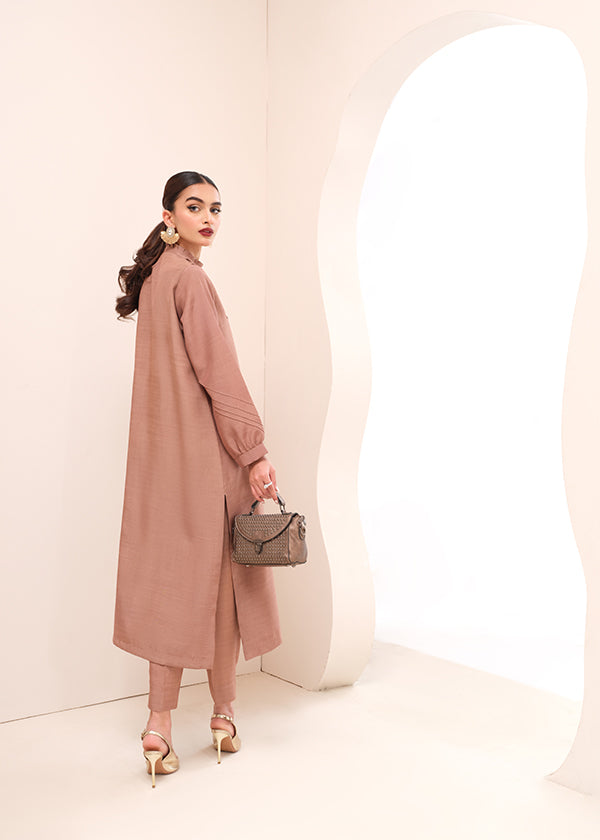 Buy a Smoky Quartz raw silk outfit online featuring pintucks, frill details, and a button-down frontâ??perfect for an elegant statement look.