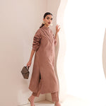 Buy a Smoky Quartz raw silk outfit online featuring pintucks, frill details, and a button-down frontâ??perfect for an elegant statement look.